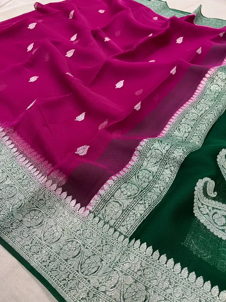 Banarasi Khaddi Chiffon Saree In Rani & Green Colour 