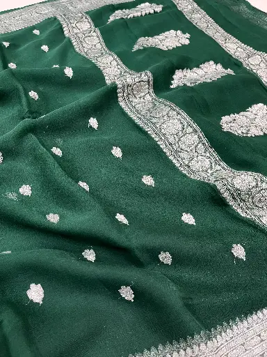 Banarasi Khaddi Chiffn Saree In Bottle Green Colour