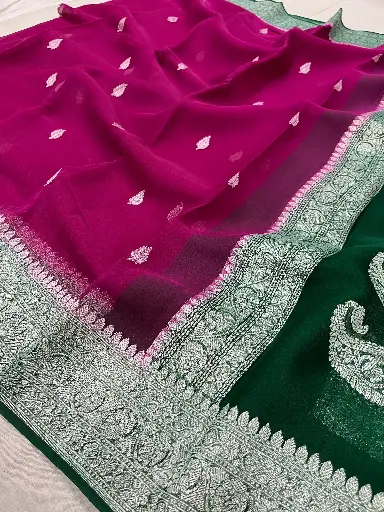 Banarasi Khaddi Chiffon Saree In Rani & Green Colour 