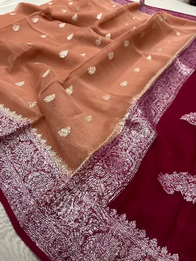 Banarasi Khaddi Chiffon Saree In Cheku & Rani Colour