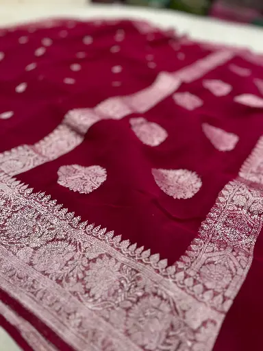 Banarasi Khaddi Chiffon Saree In Rani colour